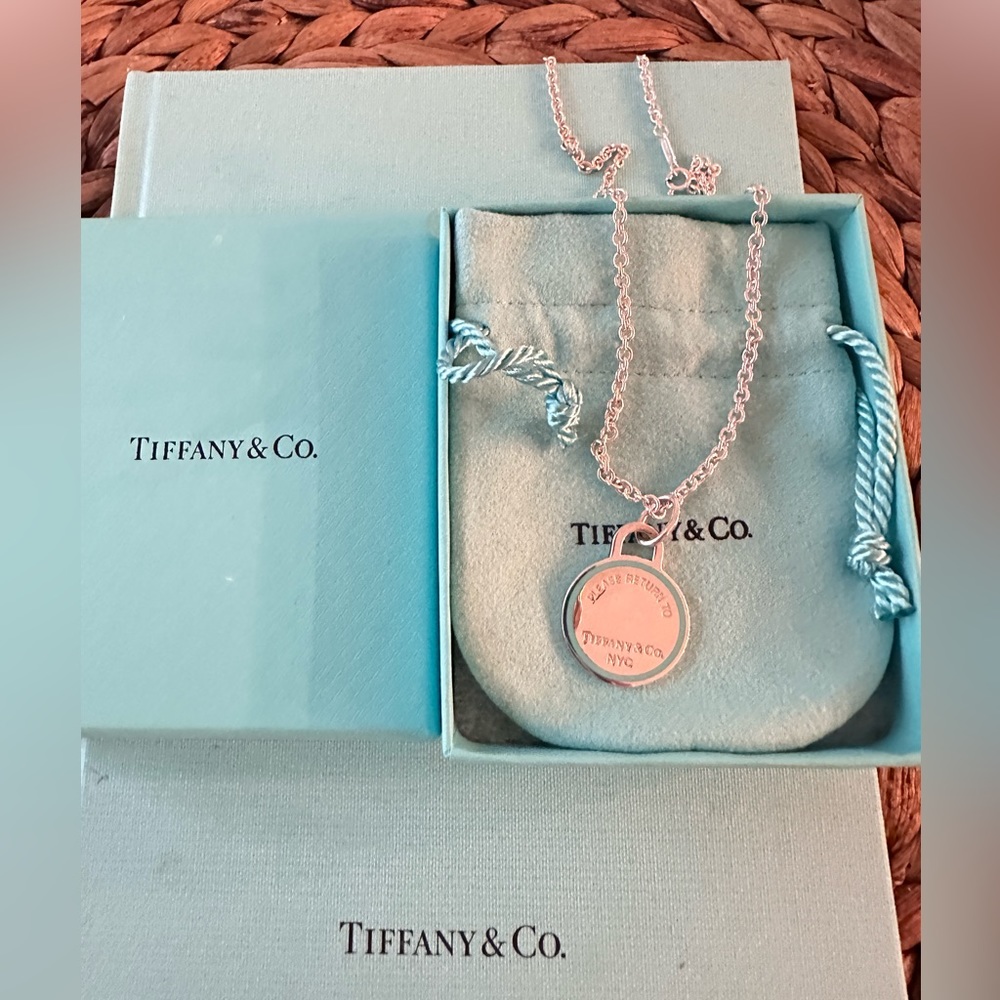 Authentic Tiffany and Co blue enamel boarder charm necklace